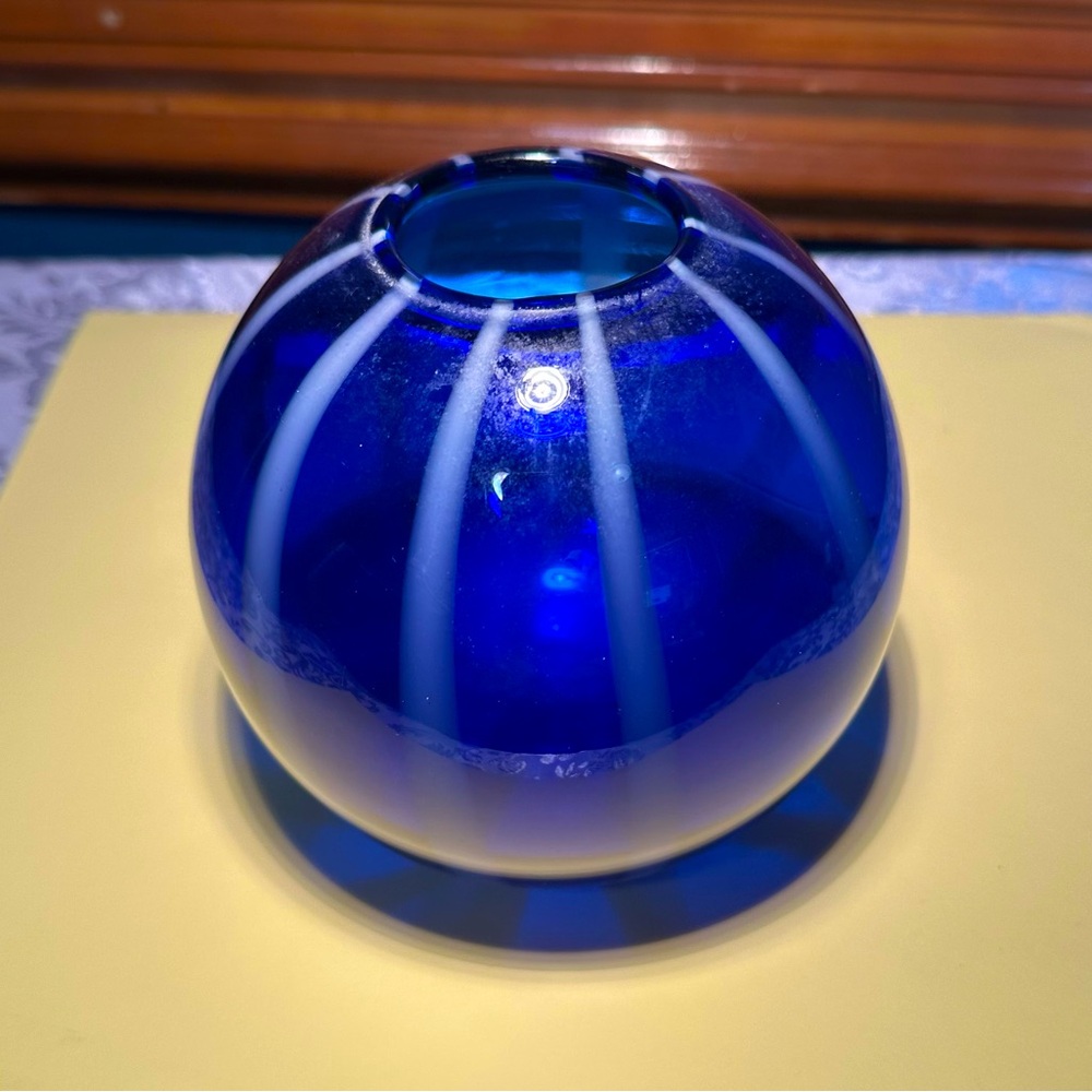 Hand Blown Murano Italian Glass Globe Vase, in Royal Blue with White Stripes